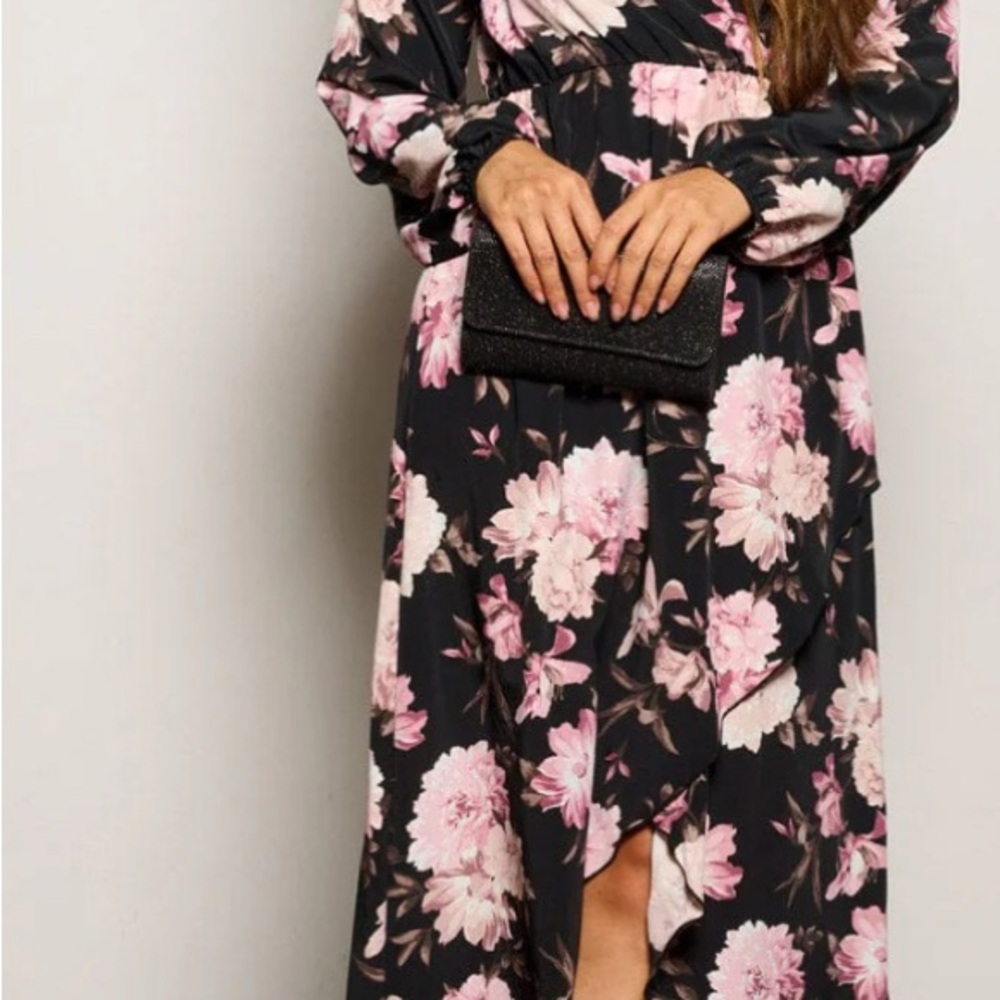 NWT Women's Long Sleeve Floral High Low V-Neck Flowy Party Long Maxi Dress - Picture 2 of 12